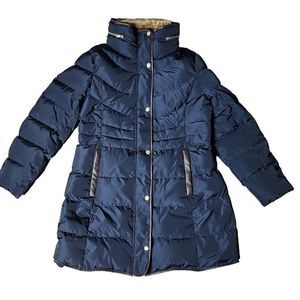 Cole Haan women's navy blue fur faux leather trim full zip snap feather puffer c